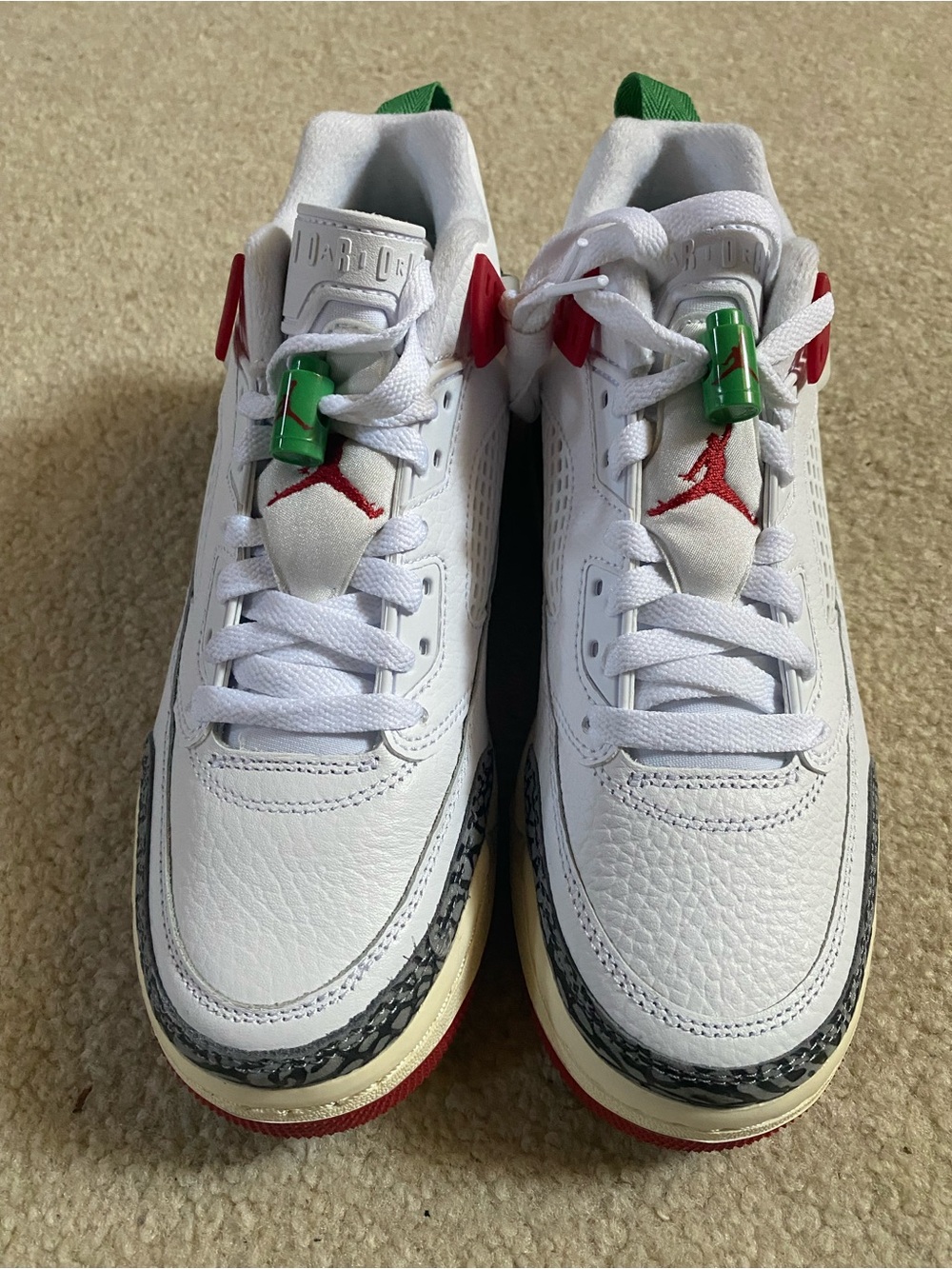 Jordan Kids White Sneakers with Red & Green Accents
